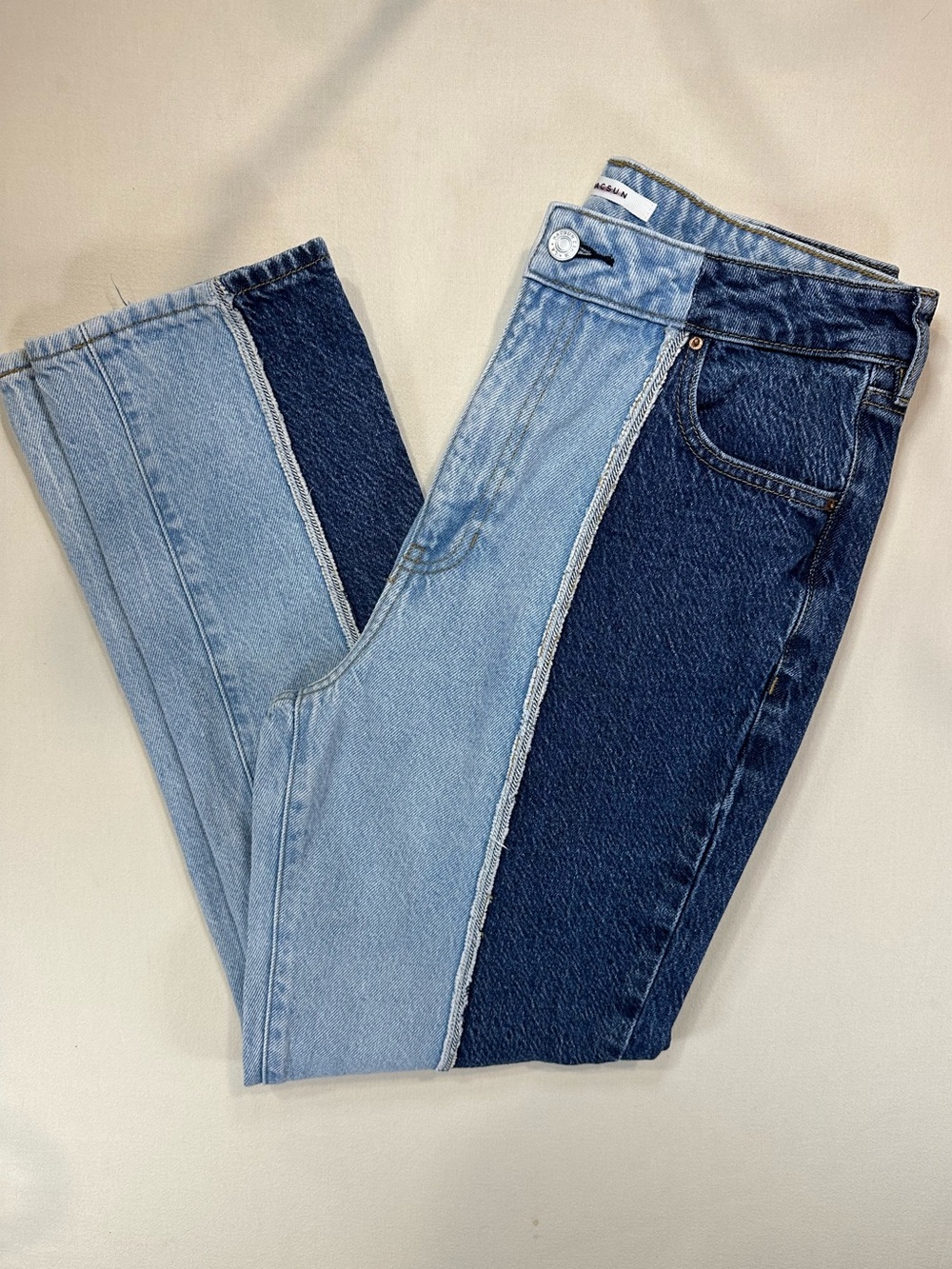 PacSun Two-Tone Patchwork Straight Leg Jeans in Light and Dark Blue